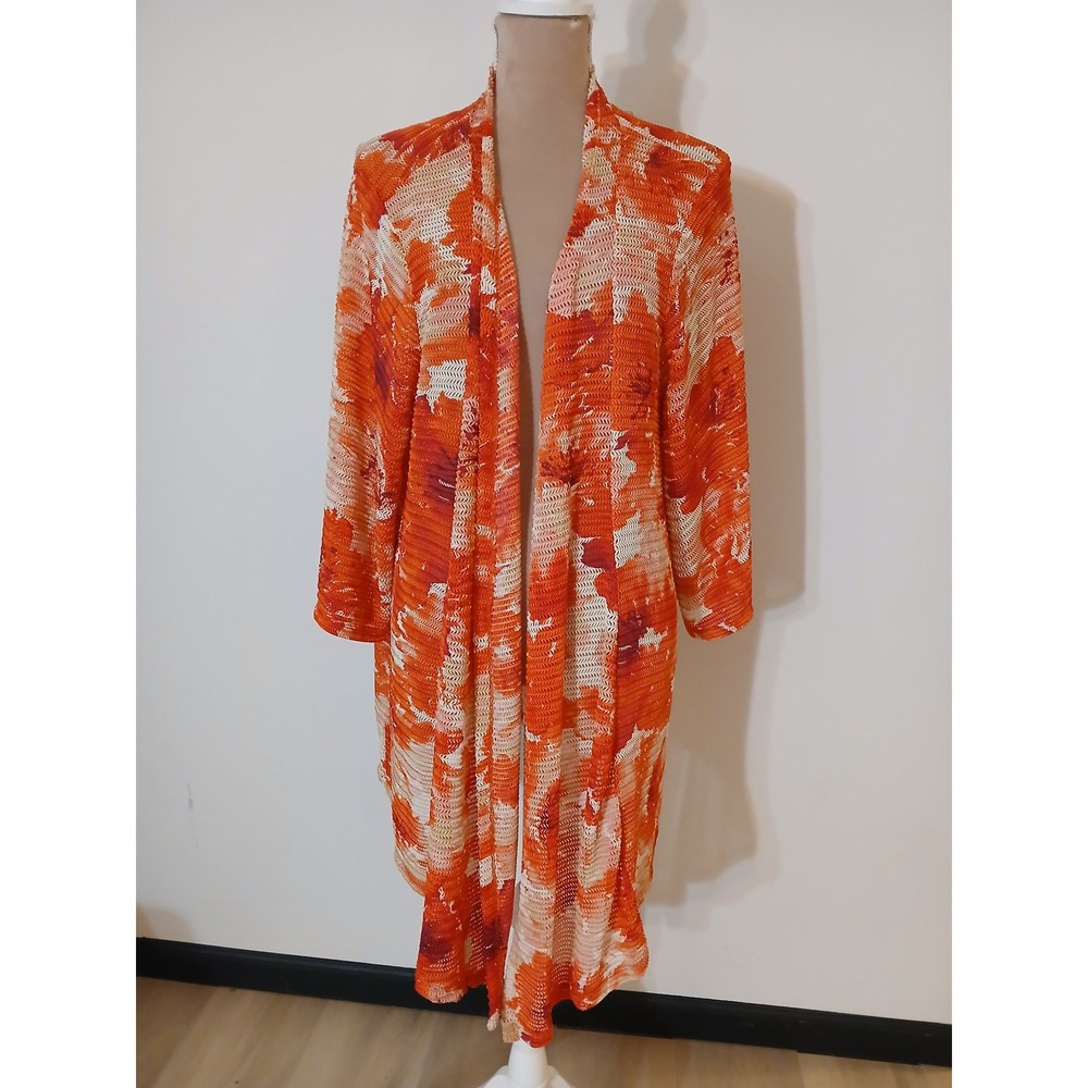 Maggie Barnes Catherines Orange Mesh Knit Open Front Duster Cardigan Womens 1X